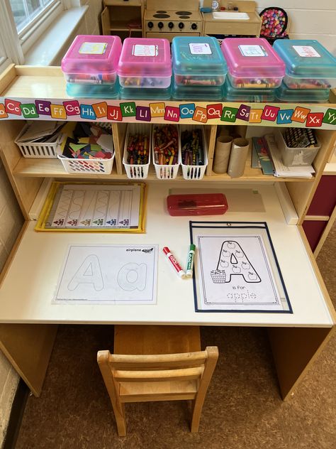 Preschool Interest Areas, Writing Table Preschool Ideas, Prek Library Center Ideas, Prek Classroom Centers, Home To School Chart Preschool, Pre Writing Center, Writing Centers Preschool, Prek Library Center, Classroom Craft Organization