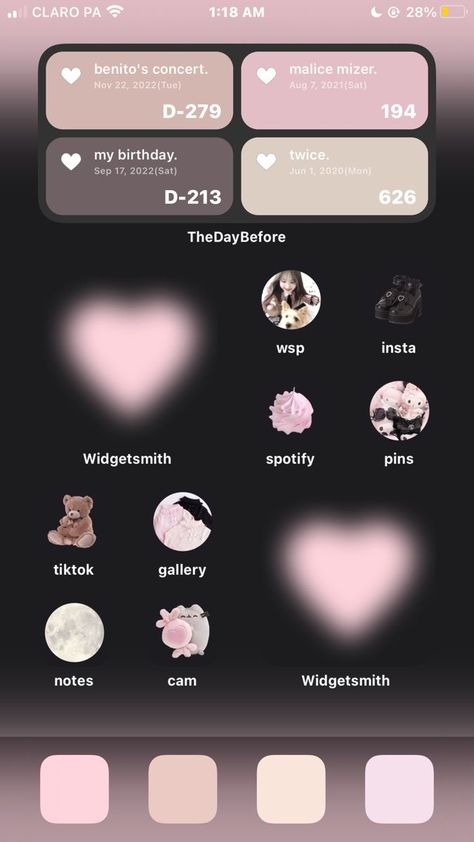 Pink Home Screen Layout Iphone, Ios 16 Template, Pink Phone Layout Ideas, Cute Ios Homescreen, The Day Before Widget, Phone Organization Home Screen Aesthetic, Home Screen Widget Ideas, Widget Home Screen Ideas, Phone Inspiration Home Screen