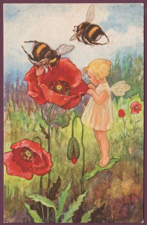 Fairy on Leaf, bees-looking in poppy. 1935 Poppy Fairy, Images Victoriennes, 동화 삽화, Fairy Illustration, Vintage Art Print, Vintage Fairies, Bee Art, Flower Fairies, Fairytale Art