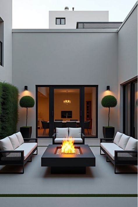 Sleek modern patio with minimalist furniture and topiary Modern Minimalist Outdoor Patio, Patio Black Furniture, Modern Minimal Outdoor Patio, Patio Lounge Ideas, Modern Outdoor Patio Ideas, Outdoor Modern Patio Ideas, Patio Ideas Backyard, Condo Patio Ideas, Modern Black Patio Furniture