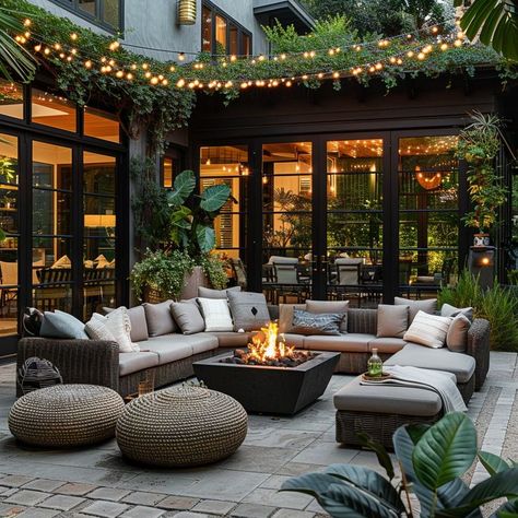 Cozy outdoor living space with modern fire pit, plush sectional sofas, and string lights surrounded by lush greenery. Ideal for relaxation and outdoor entertainment. Pit Couch, Luxurious Backyard, Greek Garden, Outdoor Furniture Ideas, Modern Fire Pit, Round Fire Pit, Relaxing Space, Cozy Outdoor, Outdoor Couch