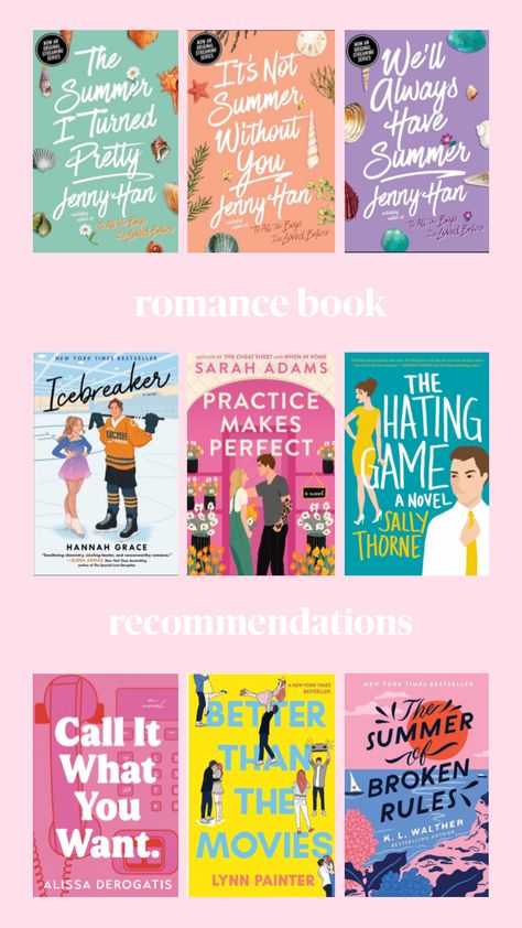 romance book recommendations
the hating game
the summer i turned pretty
we’ll always have summer
it’s not summer without you
 ice breaker
practice makes perfect
call it what you want
better than the movies
the summer of broken rules
jenny han 
hannah grace
summer books
love books Young Adult Books Romance, Romance Book Recommendations, Young Adult Romance Novels, Adult Romance Novels, Best Books For Teens, Book Reading Journal, Library Aesthetic, Teen Romance Books, Top Books To Read