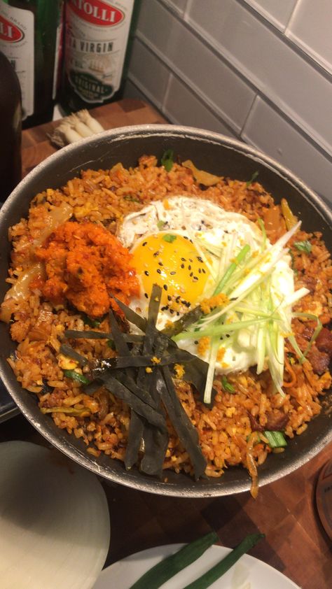 [homemade] Kimchi fried rice with pancetta Korean Food Homemade, Kimchi Fried Rice Aesthetic, Fried Rice Aesthetic, Korean Fried Rice, Kimchi Rice, Homemade Kimchi, Kimchi Fried Rice, Food Carving, His Secret Obsession