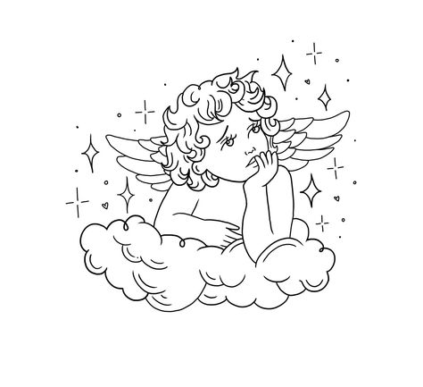 222 Tattoo Stencil, Cherub Line Drawing, Cupid Aesthetic Drawing, Cherub Drawing Tattoo, Lover Girl Tattoo, Angel Line Art Tattoo, Tattoo Ideas Outline, Stencil Tattoo Ideas Men, Little Angel Tattoo