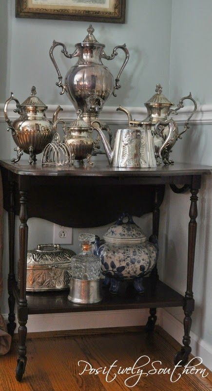 Tea Carts, How To Decorate A Tea Cart, Silver Tea Set Decor Ideas, Tea Cart Decor, Repurpose Silver Tea Set, Tea Cart Ideas, Silver Tea Set Display Ideas, Silver Plate Decor, Tea Set Display