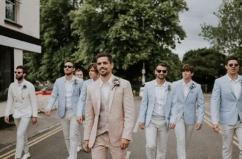 Groom And Groomsmen Attire Summer Wedding, Light Groomsmen Attire, Pale Blue Groomsmen Suits, Pastel Blue Groom Suit, Pastel Wedding Tuxedo, Mens Pastel Wedding Attire, Pastel Mens Suit, Pale Blue Groom Suit, Pastel Wedding Groom Suit