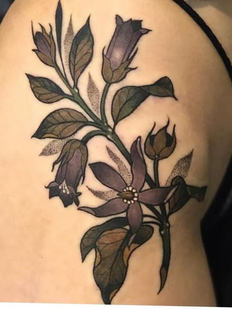 A deep purple tattoo of the belladonna flower Belladonna Tattoo, Belladonna Flower, Nightshade Flower, Scandinavian Tattoo, Purple Tattoos, Tattoo Now, Plant Tattoo, Spooky Tattoos, Old School Tattoo Designs