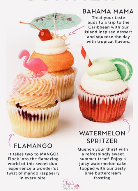 Summer Cupcakes Flavors, Tropical Wedding Cupcakes, Summer Flavor Cupcakes, Tropical Cake Flavors, Summer Cupcakes Ideas, Island Cupcakes, Summertime Cupcakes, Boozy Deserts, Tropical Cupcake Flavors