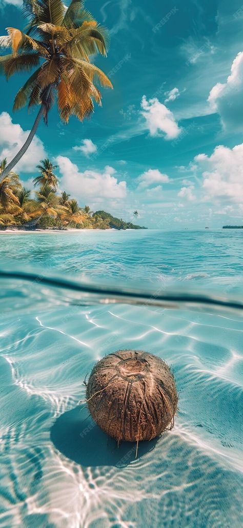 Premium Photo | A coconut floating in the clear blue sea tropical island background sunny day Tropical Beach Aesthetic, Caribbean Pictures, Call Background, Tropic Island, Island Background, Monthly Wallpapers, Tropical Aesthetic, Travel Aesthetics, Coconuts Beach