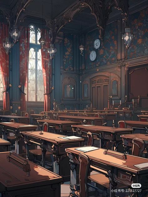 School Of Magic Art, Fantasy Classroom Aesthetic, Fantasy Classroom Art, Fantasy Academy Dorm Room, Fantasy Study Aesthetic, Medieval School Aesthetic, Magic Boarding School Aesthetic, Academy Classroom Aesthetic, Magic School Art Concept