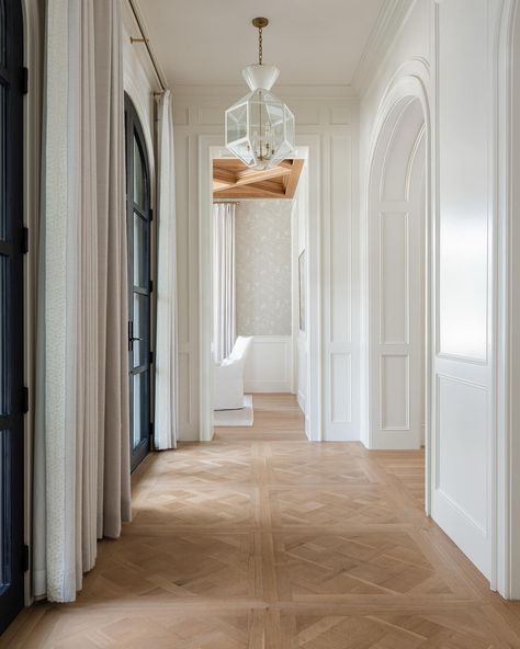 The touches of warmth continue! We strategically placed honey-toned Versailles patterned wood floors to add a touch of warmth but also… | Instagram Classic Wood Floors, Black French Doors, Designers Portfolio, Floor Pattern Design, Wood Floor Pattern, Kate Marker Interiors, Versailles Pattern, Wood Parquet Flooring, Foyer Entryway