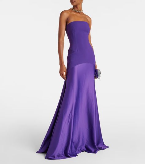 Alessandra off-shoulder satin gown in purple - Solace London | Mytheresa Purple Dress Formal, Royal Purple Dress, Solace London, Fall Wedding Guest Dress, London Outfit, Black Tie Dress, Mob Dresses, Wedding Attire Guest, Blue Gown