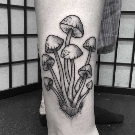 Little mushrooms by Lozzy Bones inked on the right shin Tattoo Medieval, Side Hand Tattoos, Occult Tattoo, Bone Tattoos, Mushroom Tattoos, Beautiful Flower Tattoos, Creepy Tattoos, Pin Up Tattoos, Black Tattoo