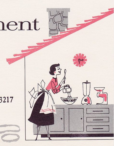 A cheerful 1950s homemaker whizzes through her cooking thanks to her array of Oster small appliances. #illustration #1950s #vintage #homemaker #housewife Vintage Homemaker, Homemaker Recipes, Roger Wilkerson, Decorating Room, Vintage Housewife, Mid Century Illustration, Retro Housewife, Cooking Guide, Home Economics