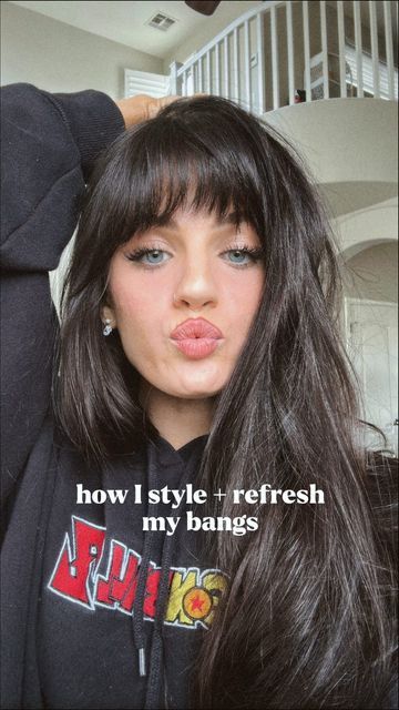 AUTUM RAIN on Instagram: "how I style and refresh my bangs 🎀 i’ll usually do this in between washes to bring some life back into them :) #hairtutorial #hairbangs #fringebangs #hairstyletutorial" How To Train Bangs Forward, How To Straighten Your Bangs, Styling Bangs Without Heat, No Bangs To Bangs Before And After, How To Set Bangs, Front Bangs With Long Hair Round Face, Bangs Vs No Bangs Long Hair With, How To Train Your Bangs, How To Dry Bangs