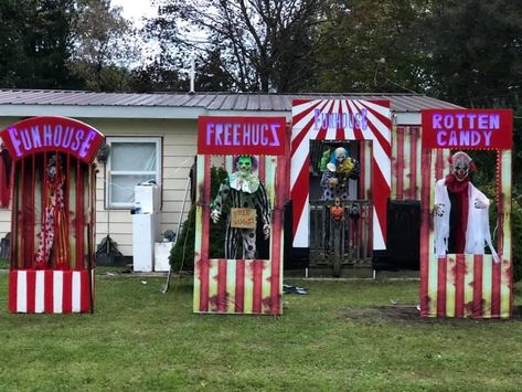 Halloween Circus Theme Yard, Carn Evil Decorations, Clown House Decorations, Scary Circus Halloween Decorations, Evil Circus Creepy Carnival, Scary Trunk Or Treat Ideas, Carnevil Halloween Decorations, Carnival Haunted House, Halloween Circus Theme