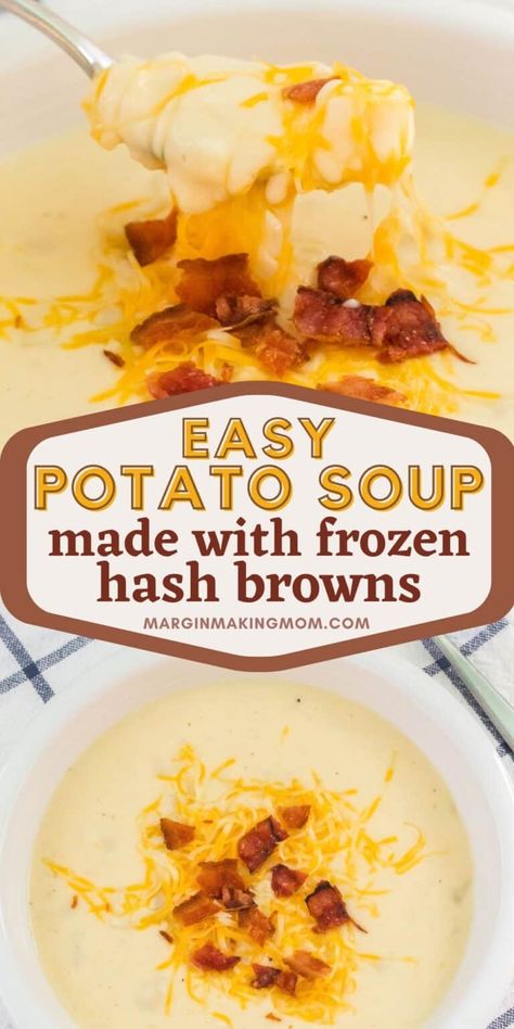 Easy Crockpot Potato Soup Hashbrowns, Easy Potatoes Soup Recipes, Easy Potato Soup Hashbrowns, Crockpot Potato Soup Made With Frozen Hashbrowns, Potatoe Soup Recipe Crock Pot Hashbrowns, Crock Pot Frozen Potato Soup, Hashbrown Baked Potato Soup, Crockpot Potatoe Soup Hashbrowns, Potatoes Soup With Hashbrowns