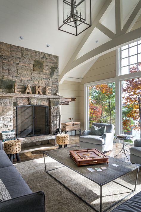 The Ultimate Lake House with Amazing Views - Town & Country Living Rustic Cottage Living Room, Porch Tattoo, Lake House Family Room, Lake House Living Room, Bella Porch, Rustic Lake Houses, Lake House Interior, Modern Lake House, Living Room Decor Rustic