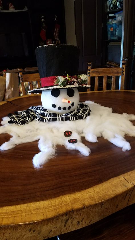 Melted Snowman table centerpiece Easy Snowman Decorations, Melting Snowman Centerpiece, Snowman Party Decorations, Snowman Table Centerpieces, Snowman Table Setting, Diy Snowman Decorations Snowmen Ideas, Snowman Centerpieces Diy, Snowman Mantle Ideas, Snowman Centerpiece Ideas