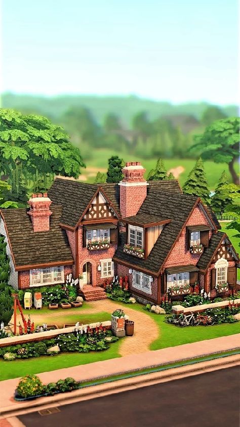 Sims 4 Pinterest House, Sims 4 Small Pets Mod, Sims 4 Modern Cottage House, Sims 4 Tudor Wallpaper Cc, Sims Front Yard Ideas, Cottage Core Sims 4 House, Sims Four House Layout, Sims 4 Big Cottage, Sims 4 Country Estate