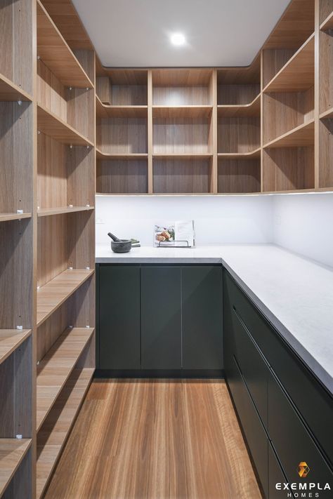 Home Pastry Kitchen, Scullery Storage Ideas, Butlers Pantry With Window Splashback, Open Concept Pantry Ideas, Butlers Pantry With Cabinets, Black Pantry Ideas, Small Walk In Pantry Layout Kitchen Designs, Walk In Pantry L Shape, Butlers Pantry Dimensions