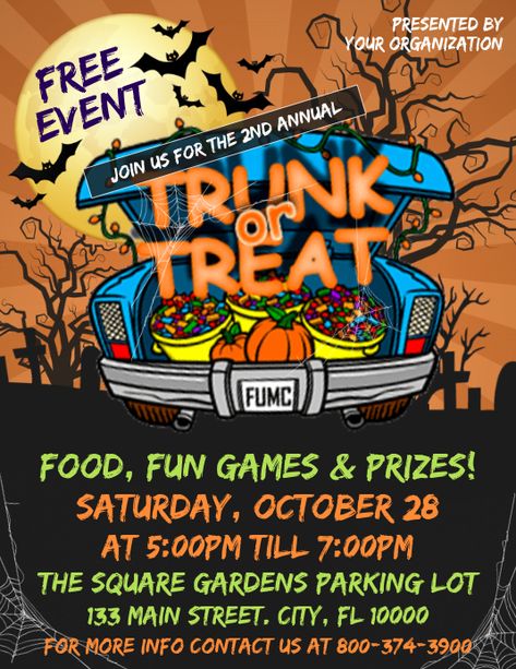 trunk or treat, halloween, trick or treat, halloween church event, halloween event, kids activities, costume, halloween for kids. Trunk Or Treat Flyer, Halloween Trunk Or Treat, Halloween Flyer, Event Flyer Templates, Event Flyers, Trunk Or Treat, Halloween Event, Event Flyer, Custom Fonts