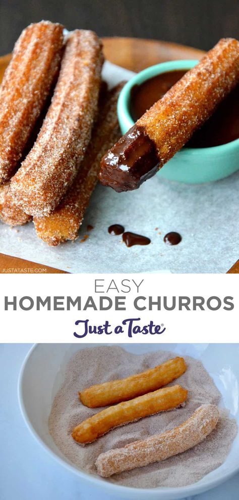 All you need is a few simple pantry ingredients and less than 30 minutes for hot, crispy Homemade Churros rolled in cinnamon-sugar! #justatasterecipes Homemade Churros Recipe, Easy Churros, Gooey Desserts, Chocolate Sauce Recipes, Homemade Churros, Chocolate Dip, Chocolate Dipping Sauce, Recipe Thanksgiving, Churros Recipe