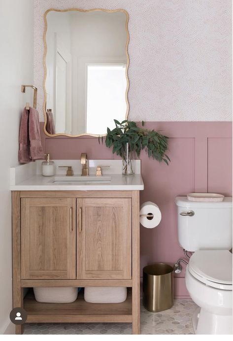 Pink Half Bathroom, Girly Powder Room, Pink Paint For Bathroom, Pink Coastal Bathroom, Pink Half Bath, Pink Accent Bathroom, Pink Vanity Bathroom, Pink Toilet Room, Bathroom Remodel Pink