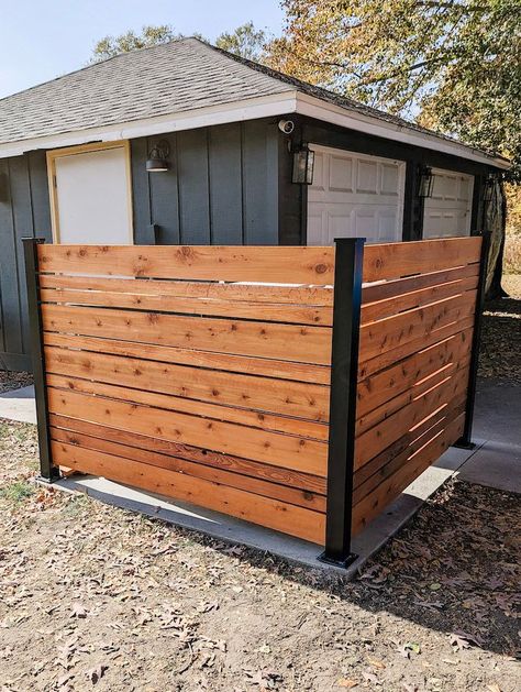 Garbage Can Storage Outdoor Driveway, Trash Can Hiding Ideas Outdoor, Backyard Trash Can Storage, Trash Bin Screen Outdoor, Hiding Rubbish Bins Outside, Trash Bins Outdoor, Garbage Screen Trash Bins, Modern Trash Can Screen, Garbage Can Concrete Pad