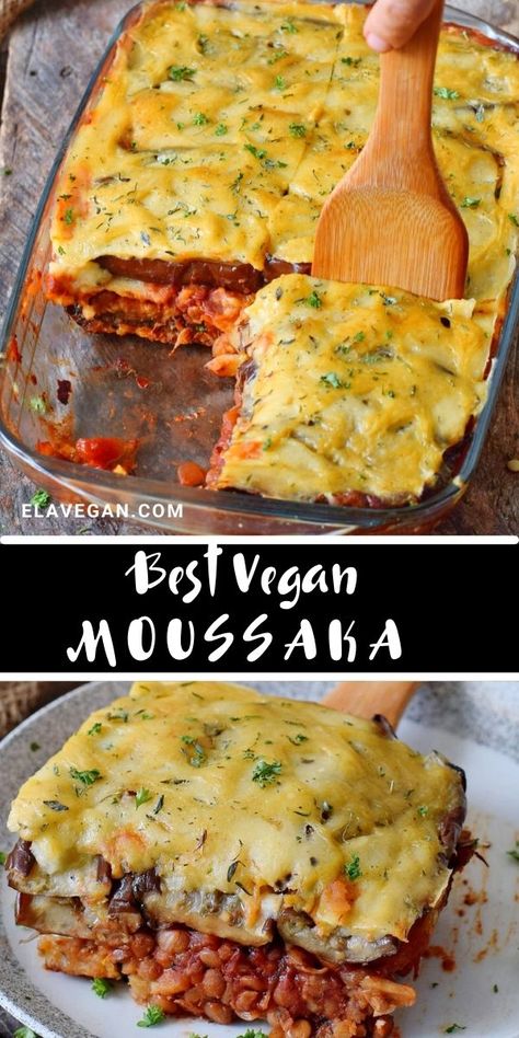 Eggplant Steaks Vegan, Vegan Musaka Recipe, Vegan Main Dishes Dinners, Mediterranean Bake, Eggplant Recipes Vegan, Lentil Moussaka, Vegan Greek Recipes, Vegetarian Moussaka, Vegan Bechamel