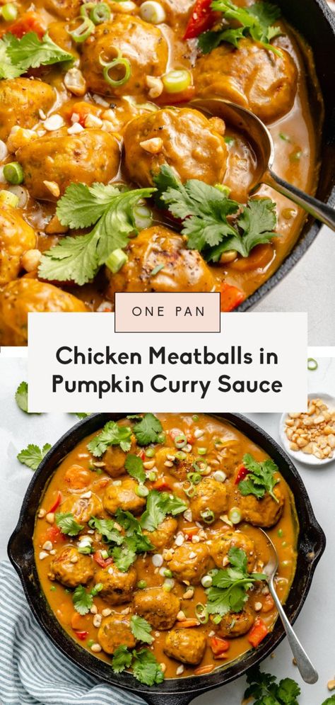 Oh so good one pan chicken meatballs simmered in a wonderful pumpkin curry sauce. You'll LOVE the amazing flavors from coconut milk, pumpkin puree, cozy spices and even a little natural peanut butter. The perfect weeknight dinner that's delicious with coconut or brown rice, or rice noodles! #onepanmeal #glutenfree #meatballs #chicken #healthydinner Essen, Meatballs Chicken, Pumpkin Puree Recipes, Pumpkin Coconut, Coconut Curry Sauce, Pumpkin Curry, Pumpkin Sauce, Ambitious Kitchen, Homemade Pumpkin Puree