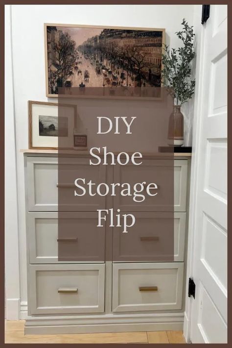 Simple and practical shoe storage step-by-step tutorial Diy Narrow Shoe Storage, Tall Shoe Storage Ideas, Shoe Storage By Door Entryway, Shoe Organization Ideas Entryway, Shoe Storage For Narrow Hallway, What To Do With Shoes By Front Door, Shoe Dresser Entryway, Hidden Shoe Cabinet Entryway, Shoes Off Entryway Ideas