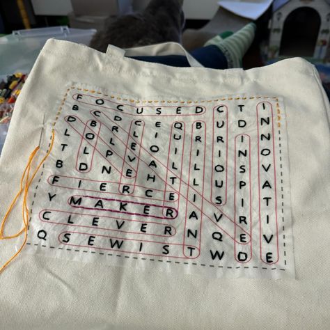 Been embroidering this tote bag with this clever wordsearch pattern. Planning to add “Find Yourself” on it somewhere. #embroidery #upcycling #totebag #makersgonnamake Tote Bag With Patches, Embroidery Upcycling, Bag With Patches, Embroidered Tote Bag, Embroidered Tote, Find Yourself, Word Search, Sewing Projects, Finding Yourself