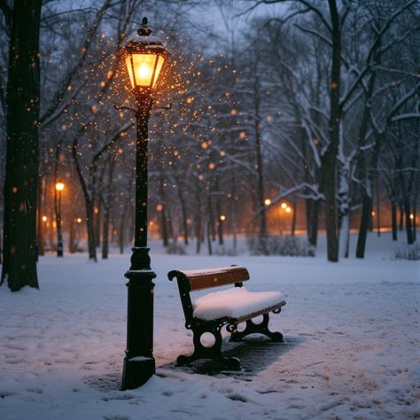 Winter Evening Glow: A solitary street lamp illuminates falling snowflakes in a tranquil park, exuding warmth on a winter evening. #winter #evening #snow #lamp #glow #park #dusk #serene #aiart #aiphoto #stockcake https://ayr.app/l/hMNL Winter Street Lamp, Snowy Lamp Post, Snow Light, Play Poster, Winter Street, Bright Copper, Christmas Play, Photography Series, Old Street