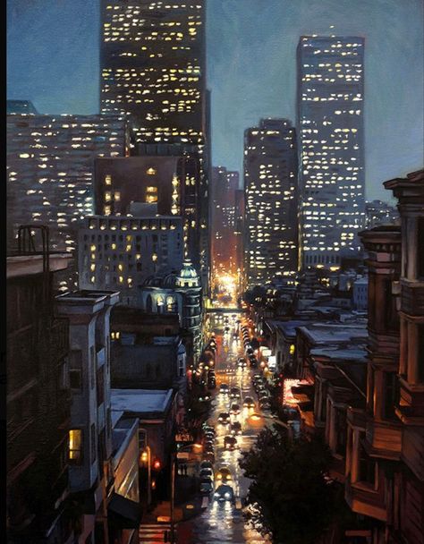 Painting Of City At Night, New York Night Painting, City Buildings Painting, Night Scape Painting, City At Night Art, City Night Drawing, Rainy Night Painting, Painting City Night, City Night Painting