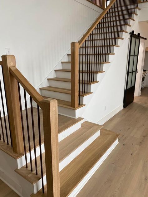 Modern Cabin Stairs, All Wood Stairs, Natural Wood Railing, Railing Design Stairs, Quarter Turn Staircase, Stairs Wine Rack, Under Stairs Wine, Wine Rack Modern, Wooden Staircase Railing