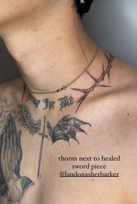 Thorns Around Neck Tattoo, Neck Chest Tattoo Men, Around Neck Tattoo Men, Mens Collar Bone Tattoo Ideas, Small Mens Neck Tattoos, Tragic Tattoos, Thorns Collarbone Tattoo, Neck Collar Bone Tattoo, Collar Bone Neck Tattoo