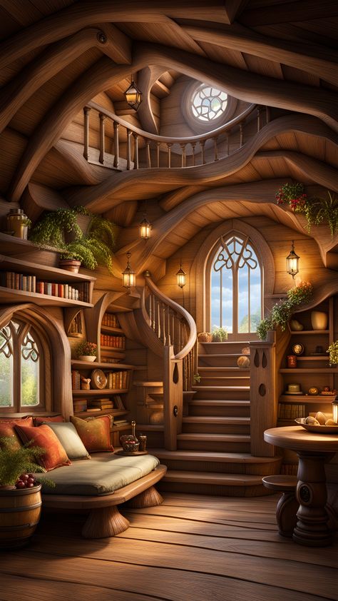 Hobbit House Wallpaper, Storybook Homes Interior, Cottage Concept Art Interior, Fantasy Cottage Interior, Forest Cabin Fantasy Art, Fantasy Treehouse Interior Art, Fairy House Interior Illustration, Fantasy Cottage, Enchanted Cottage