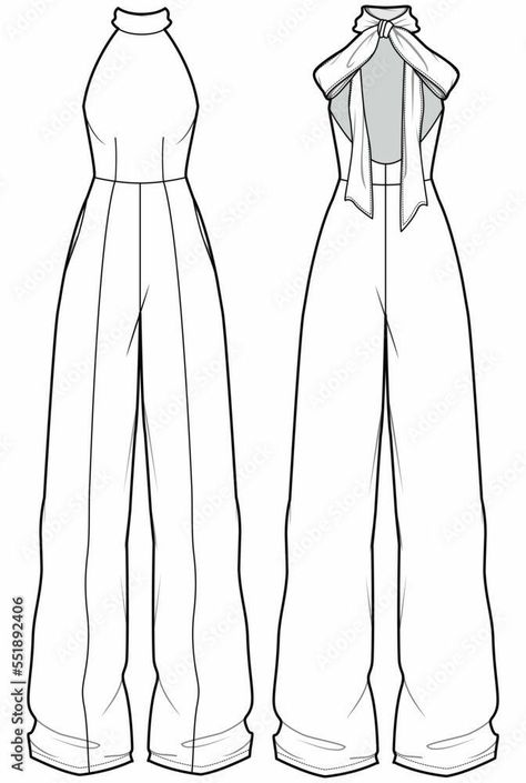 Fashion Sketch Template Front And Back, Fashion Croquis Front And Back, Pant Drawing, Flat Sketches Fashion, Sketch Fashion Illustration, Halterneck Jumpsuit, Jumpsuit Design, Fashion Design Inspiration, Sketch Fashion