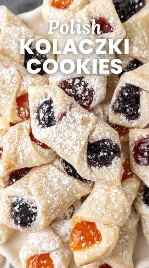 Kolaczki - Polish Cookies Polish Recipes Authentic Desserts, Easy Kolacky Cookies, Polish Kolache Recipe, Kolachy Cookies Recipe, Polish Angel Wings-chrusciki, Imperial Cookies Recipes, Kolacky Cookies Polish, Polish Kolaczki Cookies, Klotchky Cookies Recipe