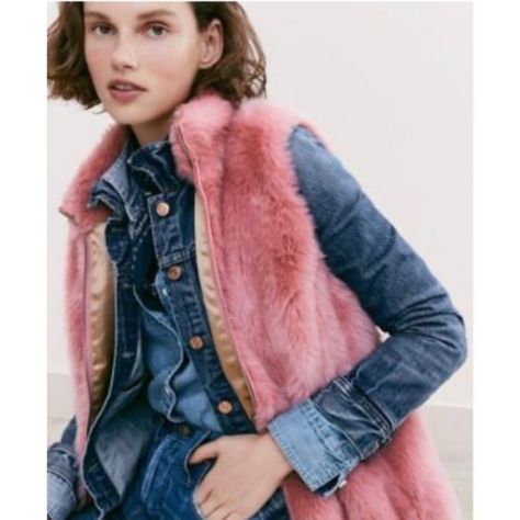 Add Some Fun To Your Wardrobe With This Pink Faux Fur Vest! Super Soft, It's A Great Laying Piece For Cooler Weather With A Zipper Front And Vertical Front Welt Pockets. Fully Lined. 100% Polyester 100% Polyester Lining Approximate Measurements Laying Flat 24 Inches From Pit To Pit 25 Inches From The Shoulder To The Hem Pink Fur Vest Outfit, Fur Vest Outfits, J Crew Fall, Jcrew Fall, Red Puffer Vest, Denim Jacket Winter, Statement Coat, Black Puffer Vest, Pink Fur