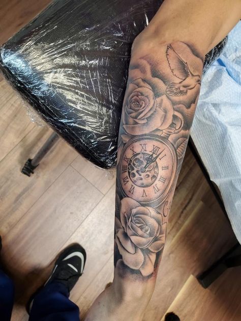 Medium Size Forearm Tattoo Men, Clock Tattoo Design For Men Upper Arm, Forearm Written Tattoo Men, Outter Arm Tattoo Men Forearm, Tattoo Ideas Male Arm, Tattoo Outer Forearm, Outer Arm Tattoo Men, Clock Arm Sleeve Tattoo, Side Arm Tattoo Men