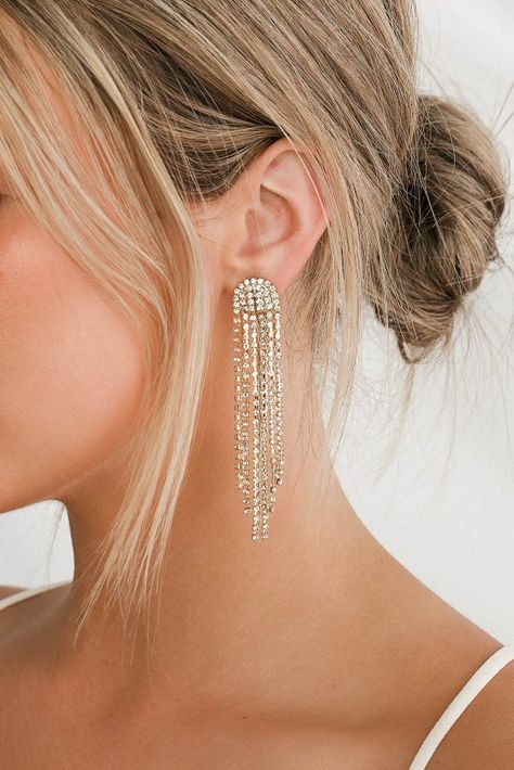 Rhinestone Tassel Earrings, Gold Rhinestone Earrings, Formal Earrings, Glam Earrings, Gold Snake Chain, Formal Jewelry, Prom Earrings, A Night To Remember, Prom Jewelry