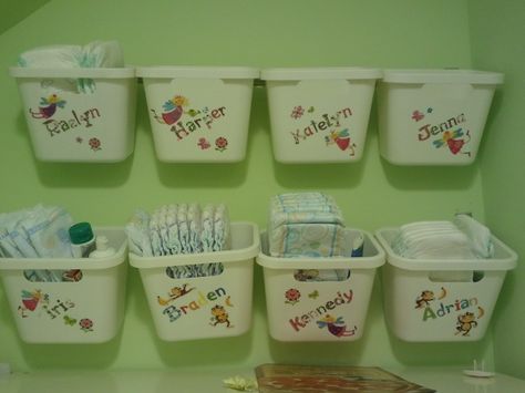 Diaper storage for daycare. Best idea of mine and Kimmy's Daycare Bathroom Ideas, Daycare Cubbies, Daycare Bathroom, Daycare Storage, Starting Daycare, Dayhome Ideas, Kid Organization, Daycare Room Ideas, Infant Room Daycare