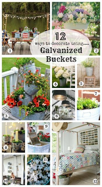 12 Ways to Decorate with Galvanized Buckets ~ Creative Cain Cabin #outdoor #decor #vintage flair! Galvanized Buckets, Reuse Recycle, Back Porch, Clipboard, Outdoor Projects, Diy Projects To Try, Buckets, Garden And Yard, Dessert Table