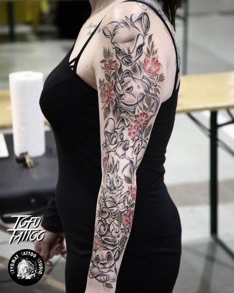 Tofu Tattoo, Disney Tattoo Sleeves For Women, Disney Sleeve Tattoo, Disney Thigh Tattoo, Best Female Tattoos, Disney Characters Tattoos, Disney Inspired Tattoos, Disney Sleeve Tattoos, Graphic Tattoo