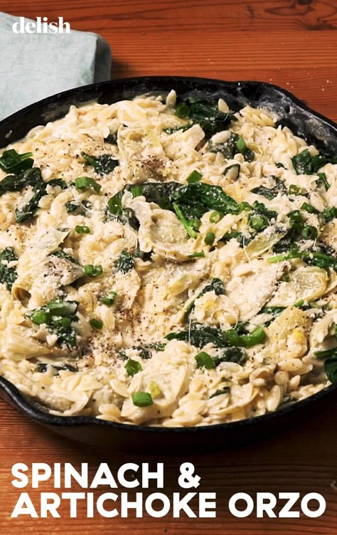 Spinach Artichoke Orzo, Artichoke Orzo, Orzo Risotto, Creamy Chicken Dish, Orzo Dishes, Creamy Orzo, Keto Chili, Spinach Artichoke Chicken, Orzo Recipes