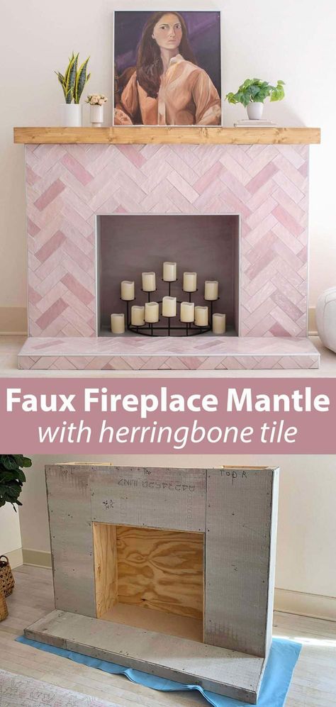 Emma's Tiled Faux Fireplace - A Beautiful Mess Fireplace 2023, Faux Mantle, Faux Fireplace Mantels, Fireplace Diy, Fake Fireplace, Faux Tiles, Faux Fireplace Diy, Fireplace Set, Pink Rectangle