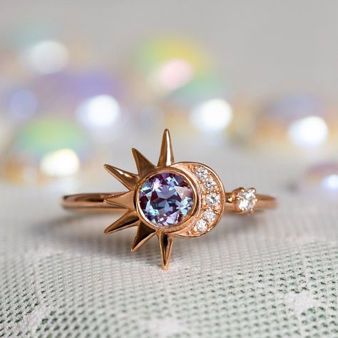 Engagement Ring Alexandrite, Engagement Ring Boho, Alexandrite Wedding Ring, Boho Engagement Ring, Boho Engagement, Sun And Moon Rings, Wedding Purple, Tanzanite Engagement Ring, Celestial Ring