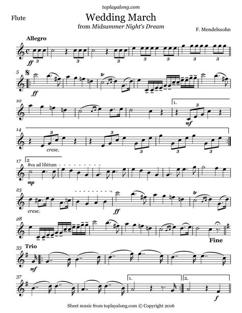 Wedding March from Midsummer Night’s Dream by Mendelssohn. Free sheet music for flute. Visit toplayalong.com and get access to hundreds of scores for flute with backing tracks to playalong. Music For Wedding, Sheet Music Wedding, Reading Sheet Music, Easy Sheet Music, Piano Notes Songs, Wedding March, Clarinet Sheet Music, Band Jokes, Flute Sheet Music